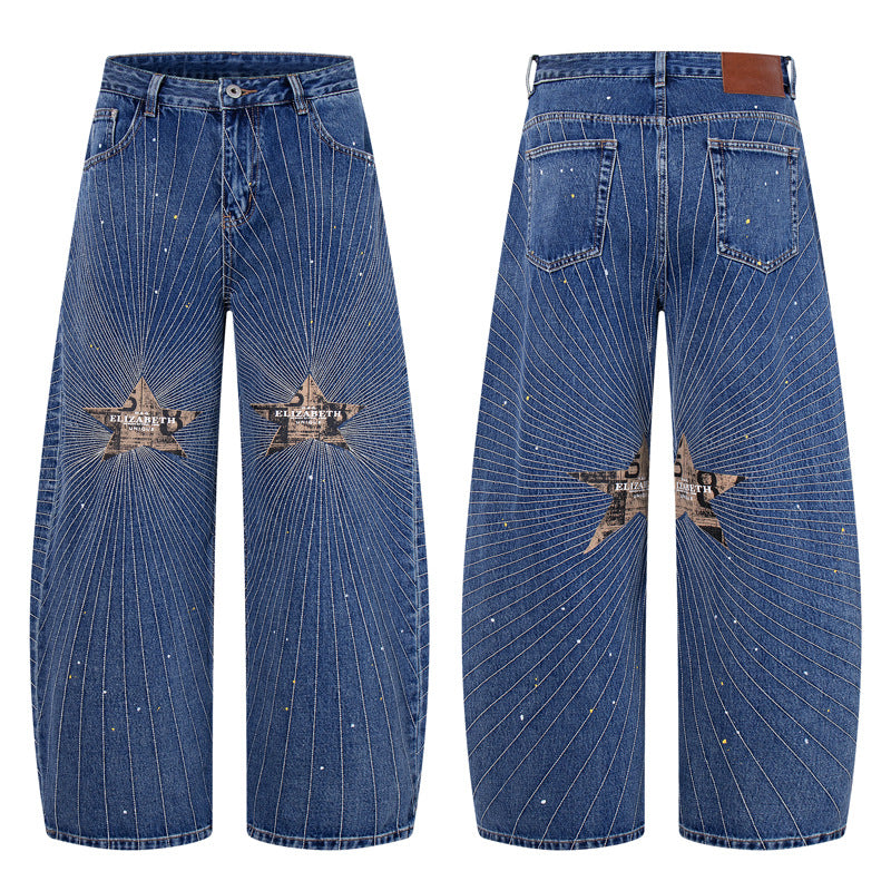 Distressed Patchwork Ray Star Rhinestone Jeans