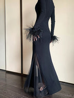 Solid Patchwork Feathers Designer Dresses For Women V Neck Long Sleeve High Waist Spliced Mesh Elegant Dress Female