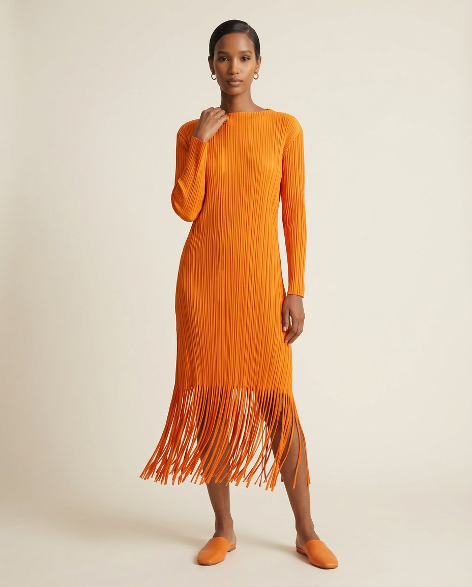 Marigold Plissé Fringe Midi Dress-0