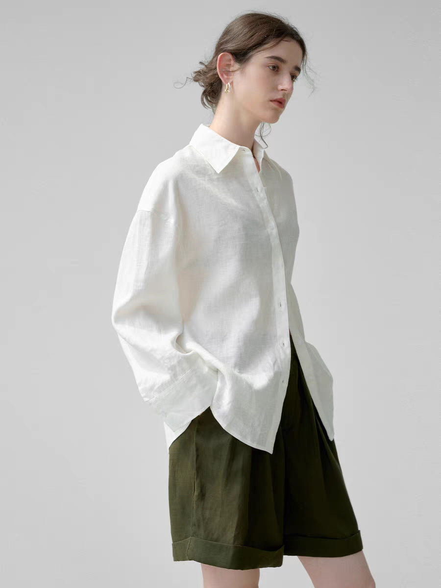Linen-Blend Shirt Long Sleeve White Blouse Loose Fit Breathable and Cool