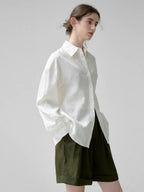 Linen-Blend Shirt Long Sleeve White Blouse Loose Fit Breathable and Cool
