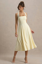 Pure Color Halter Backless Elegant Chiffon Sheath Dress with Waistline for Women