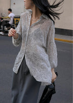 Fashionable Embossed Design Sheer Sun Protection Shirt for Women Loose-Fit Long Sleeve Blouse Summer Stylish Top