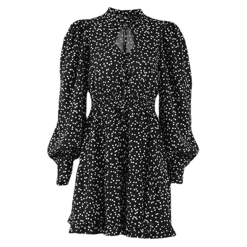 Women European And American Ins Short Skirt Lantern Sleeves Sexy Hollow Air Quality A Line Skirt Polka Dot Dress