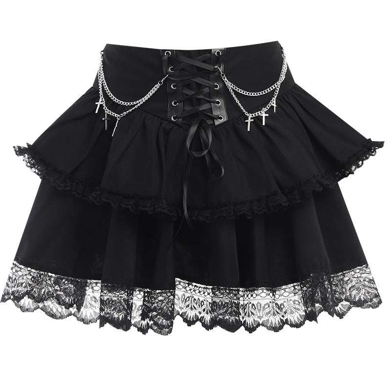 Gothic Layered Skirt with Chain Cross Design for Women, Fitted and Trendy Halloween Party Style