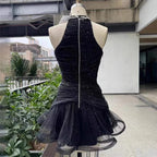 Waist hugging rhinestone light luxury hanging neck A-line skirt