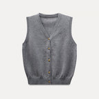 Elegant Vintage Gray V-Neck Knit Vest, Spring and Autumn Inner Layer Short Open Cardigan, Urban Style Top