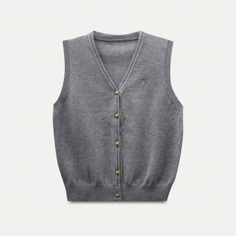 Elegant Vintage Gray V-Neck Knit Vest, Spring and Autumn Inner Layer Short Open Cardigan, Urban Style Top