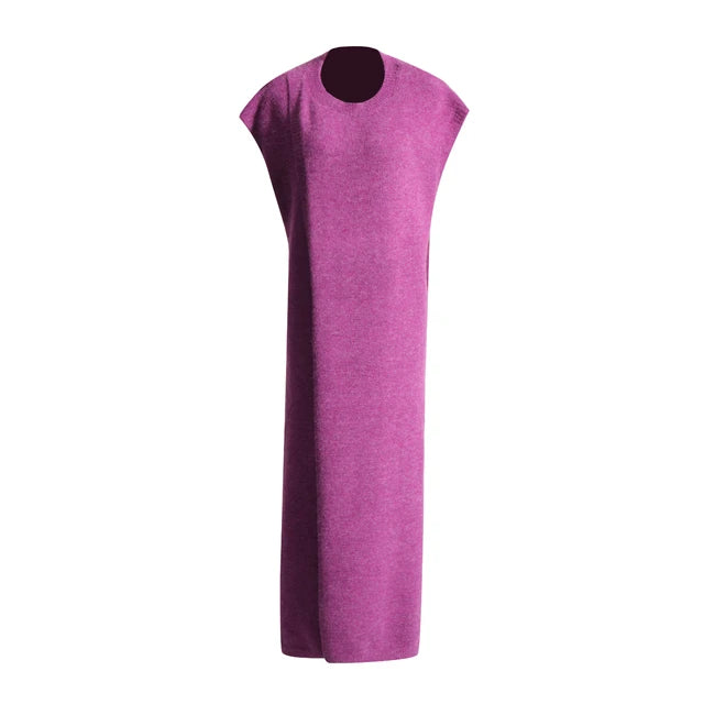 Women's fashionable and casual set consisting of a solid-color round-neck knitted top with a slit design and high-waisted straight-leg long pants