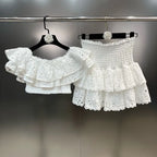 Embroidery Patchwork Two-piece Sets Summer New Square Collar Short Sleeve Ruffles T-shirt + Mini Skirts Elegant