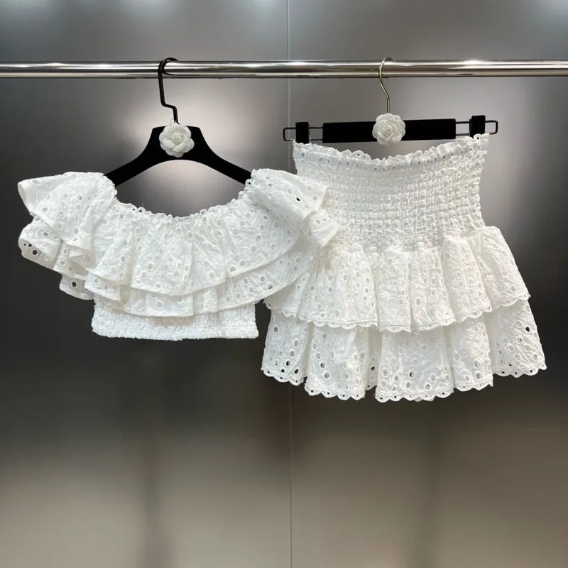 Embroidery Patchwork Two-piece Sets Summer New Square Collar Short Sleeve Ruffles T-shirt + Mini Skirts Elegant