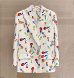 Runway Designer Women Loose Blazers White Hit Color Flower Printed Crystal Buttons Femme Jacket Large Size Outfit