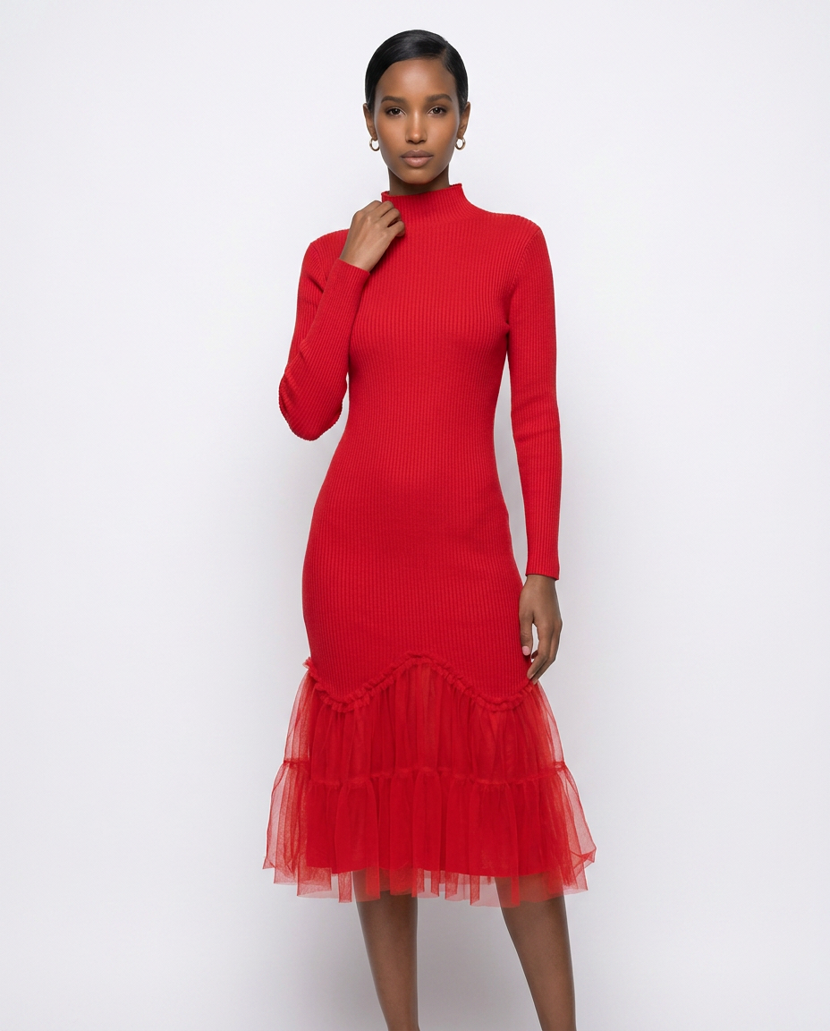 Ruby Rib-Knit Tulle-Hem Dress-0