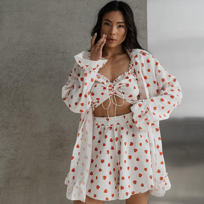 Cotton Sleepwear Set with Floral Print, Ruffled Trim, Long Sleeve Top Short Pants, Three-Piece Sweet Women's Loungewear