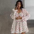 Cotton Sleepwear Set with Floral Print, Ruffled Trim, Long Sleeve Top Short Pants, Three-Piece Sweet Women's Loungewear