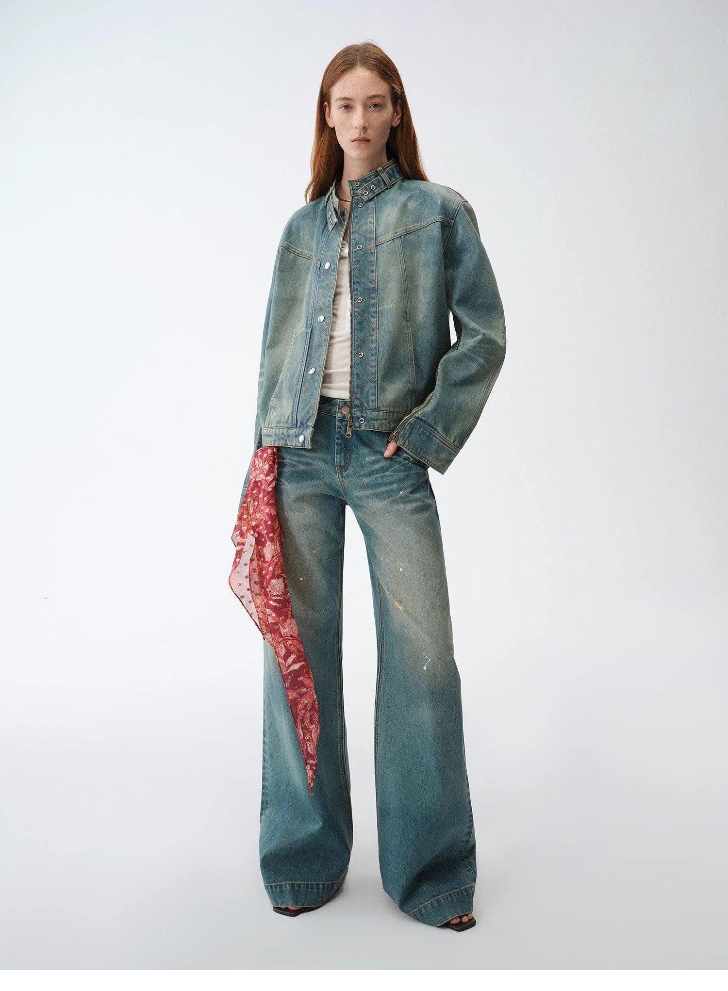 "Climber" leather-coated distressed straight low-rise cotton denim trousers for spring