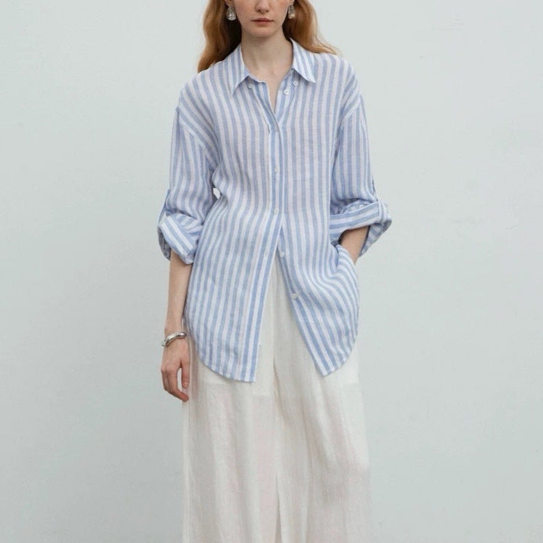 Lazy Comfortable Linen Color-Woven Relaxed Fit Stripe Shirt