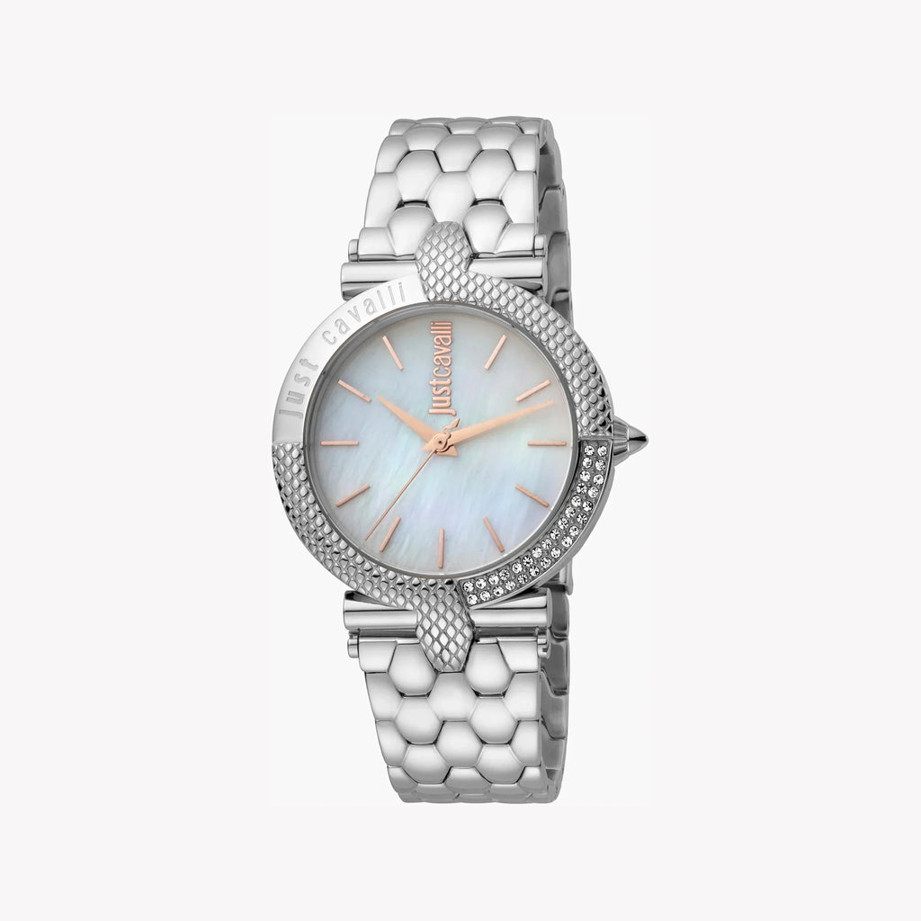 Just Cavalli Women's Silver Watch, White Mother Of Pearls Dial | Jc1l105m0055