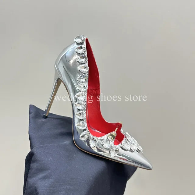 Rhinestone Heels Patent Leather Sexy Pointed Toe Shallow Mouth Black High Heels Luxury New Single Shoes Women Wedding Pumps