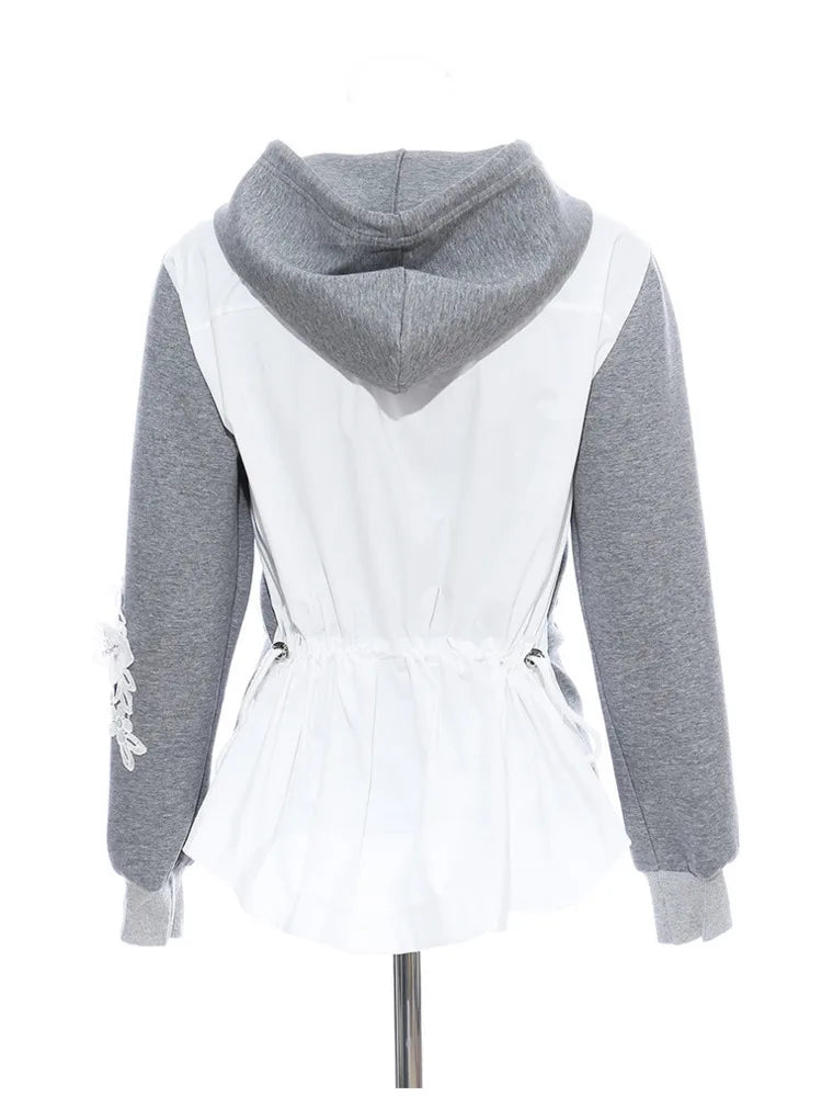 Fashion Women's Hoodies Hooded Contract Color Lace Patchwork Long Sleeves Gray Sweatshirt Autumn