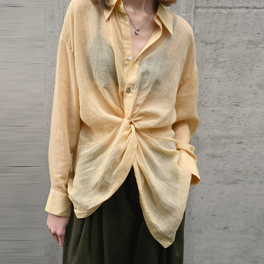 Elegant Pure Ramie Blouse Women's Unique Twist Waist Design Shirt Lightweight Breathable Top Cardigan
