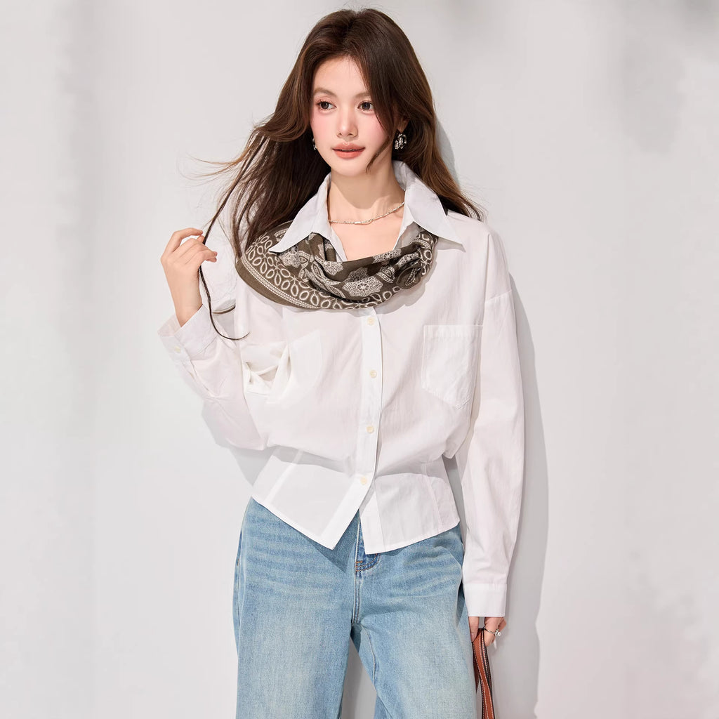 Elegant Soft Style White Long Sleeve Blouse for Women, Loose Turn-down Collar with Scarf, Commuter Chic Top, Sophisticated Spring Wear