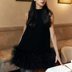 Ostrich Feather A-Line Dress Unique Design Stand Collar Sleeveless Solid Color Dress