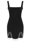 Sexy Square Neck Diamonds Tassel Bandage Dress Women Black Sleeveless Bodycon Asymmetric Mini Dress Cocktail Party Celebrity
