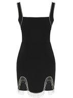 Sexy Square Neck Diamonds Tassel Bandage Dress Women Black Sleeveless Bodycon Asymmetric Mini Dress Cocktail Party Celebrity