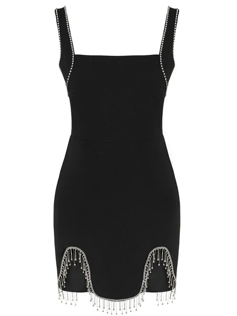 Sexy Square Neck Diamonds Tassel Bandage Dress Women Black Sleeveless Bodycon Asymmetric Mini Dress Cocktail Party Celebrity