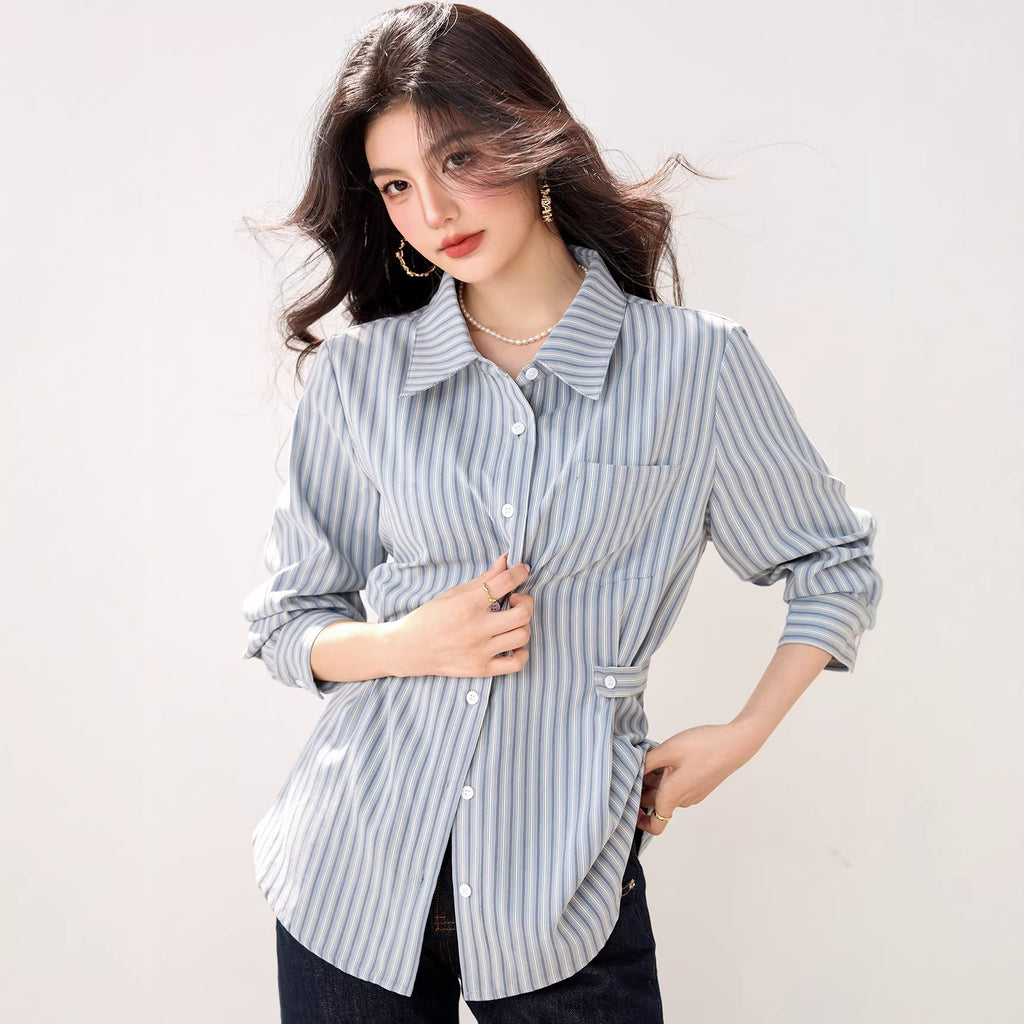 Blue Striped Polo Neck Shirt for Women  Long Sleeve, Casual Design