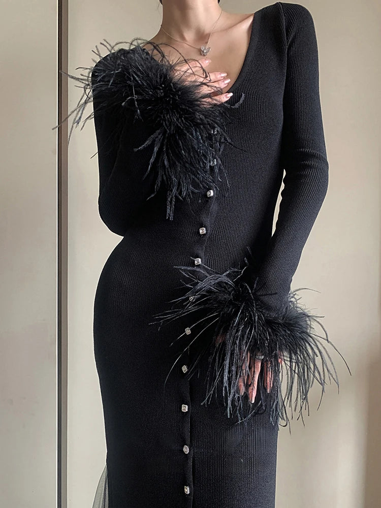 Solid Patchwork Feathers Designer Dresses For Women V Neck Long Sleeve High Waist Spliced Mesh Elegant Dress Female