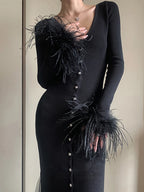 Solid Patchwork Feathers Designer Dresses For Women V Neck Long Sleeve High Waist Spliced Mesh Elegant Dress Female