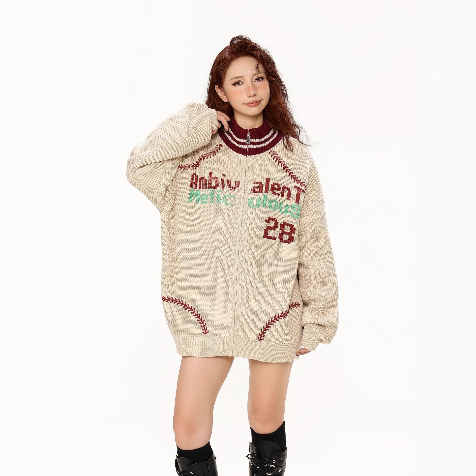 Zipper Knit Cardigan Coat Loose Oversized Open Front Sweater