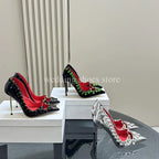 Rhinestone Heels Patent Leather Sexy Pointed Toe Shallow Mouth Black High Heels Luxury New Single Shoes Women Wedding Pumps