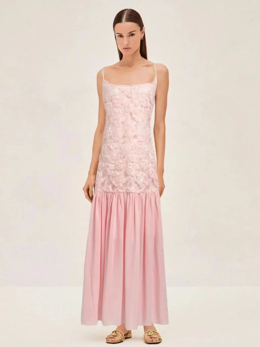 Summer New Women's Sexy Spaghetti Strap Sweet Three Dimensional Rose Flower Patchwork Chiffon Pleated Dress Long Dress