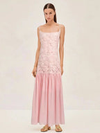Summer New Women's Sexy Spaghetti Strap Sweet Three Dimensional Rose Flower Patchwork Chiffon Pleated Dress Long Dress