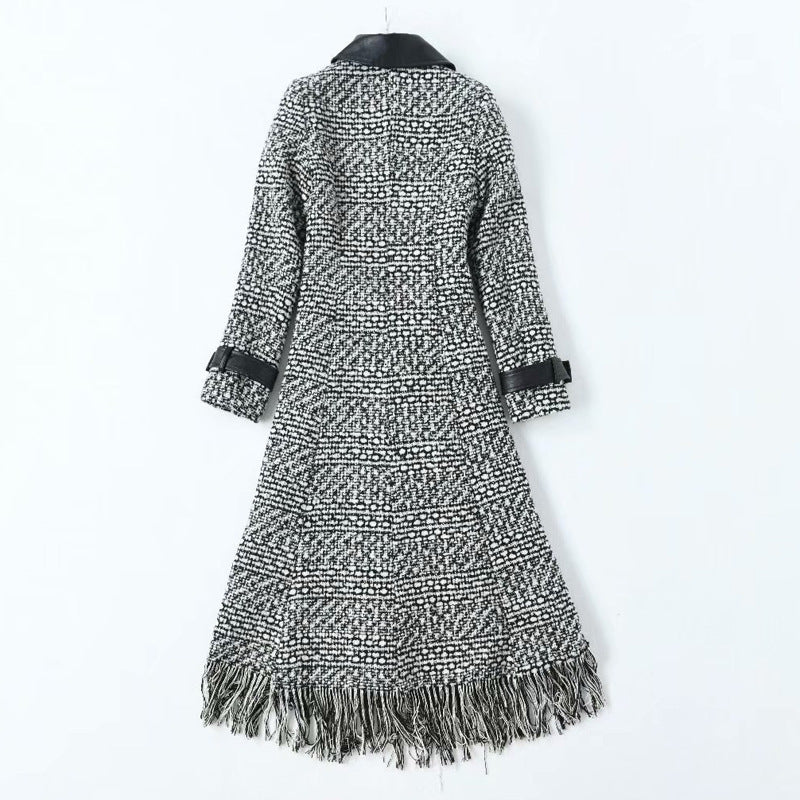 PU Leather Lapel Long Sleeve Double Breasted Waist Irregular Plaid Coat Jacket Women's New Early Autumn