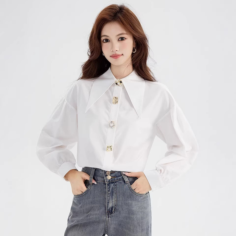 Elegant Luxury Turn-down Collar White Blouse for Women Spring Fashion Stylish Youthful Slim Fit Charming Top