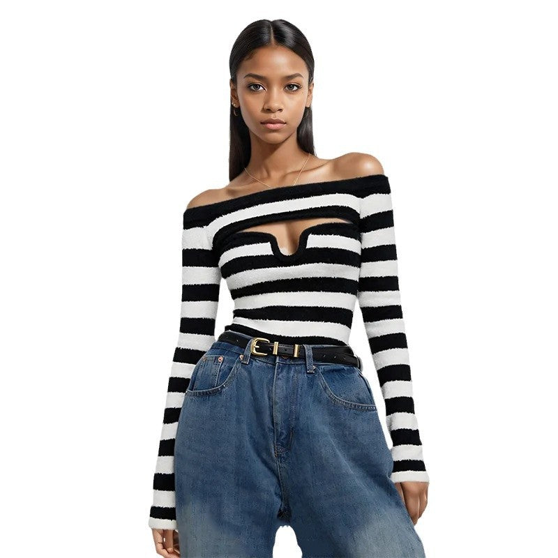 Color blocking striped sexy one shoulder knitted sweater for women spicy girl off shoulder slim fit long sleeved sweater