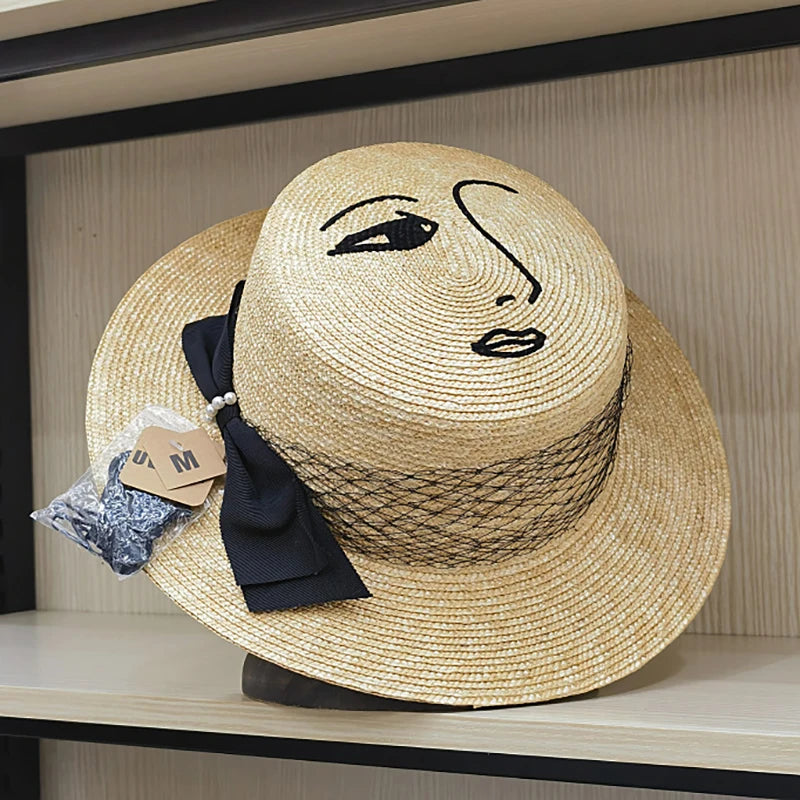 New Vintage Summer Fashion Lace Bow Wide Brim Nature Straw Sunhat Lady Korean Designer Boater Women Hats Fashionable Luxury Hat