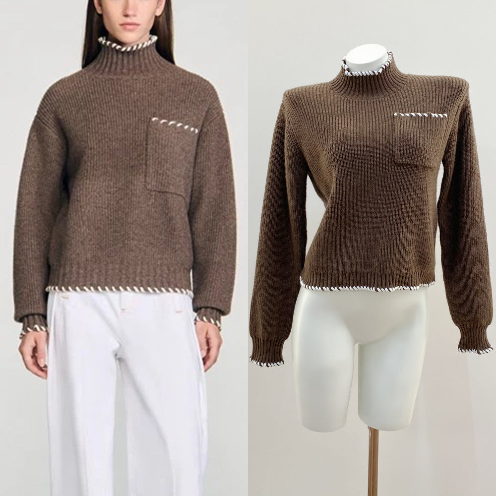 Sd Home Wool Blend High Neck Long Sleeve Knit Top with Hand-Stitched Trim for Women