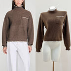 Sd Home Wool Blend High Neck Long Sleeve Knit Top with Hand-Stitched Trim for Women