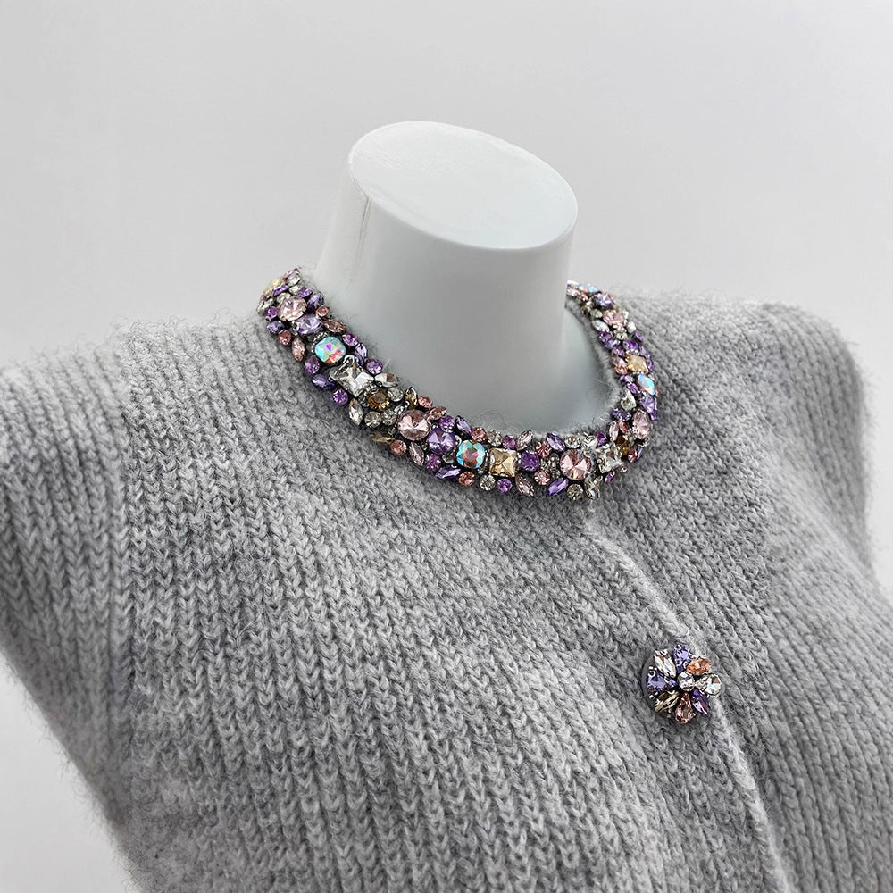 Fashion Style Oversized Knit Cardigan with Alpaca Wool, Colorful Rhinestone EmbellishmentOpen Front Women's Sweater