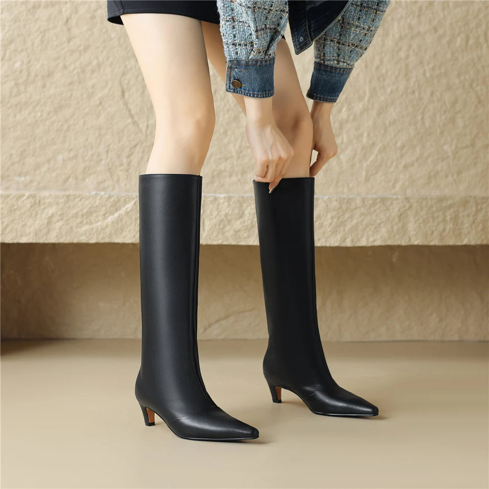 Women Knee-High Boots Pointed Toe Genuine Leather Shoes Woman Office Lady Mature Autumn Winter New