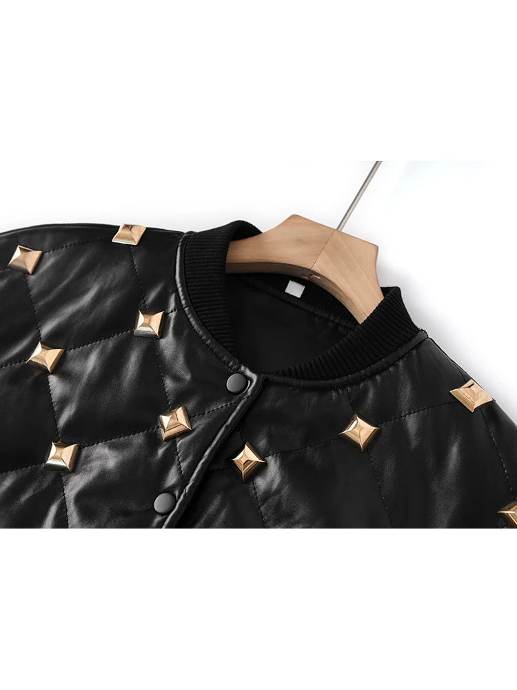 HIGH STREET Newest  Fall Winter Designer Jacket Women's Rivet Buckle Stand Collar Threaded Splicing Leather Jacket