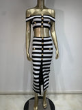New Black and White Zebra Pattern Bandage Skirt Set European and American Fashion Off Shoulder Short Top Long Skirt Two Piece Set