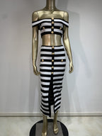 New Black and White Zebra Pattern Bandage Skirt Set European and American Fashion Off Shoulder Short Top Long Skirt Two Piece Set