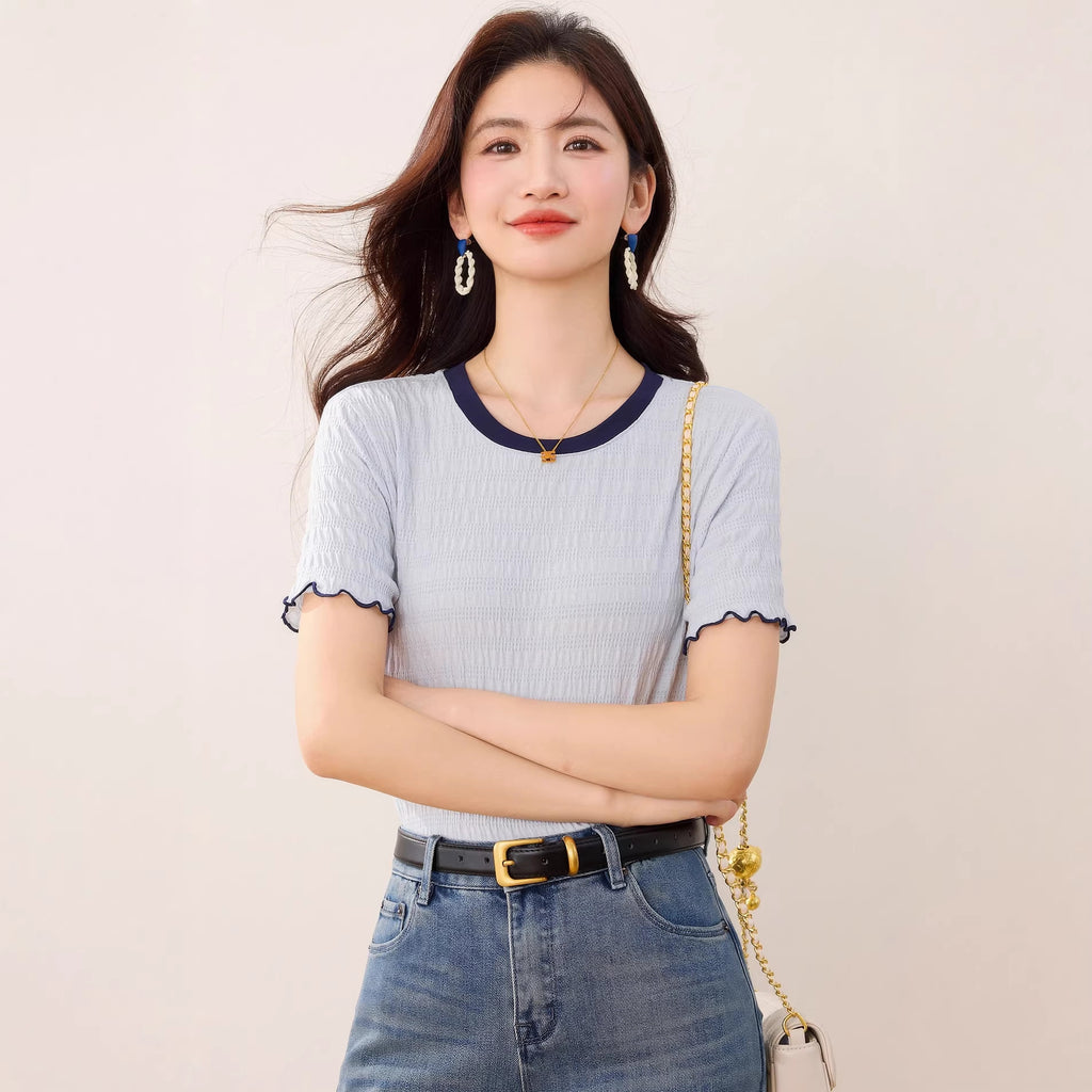 Ruffled Color-Blocked Short Sleeve T-Shirt for Women Fashionable Slim Fit Design, Stylish Top