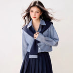 Graceful striped long-sleeve shirt for women, navy blue skirt, campus style two-piece set